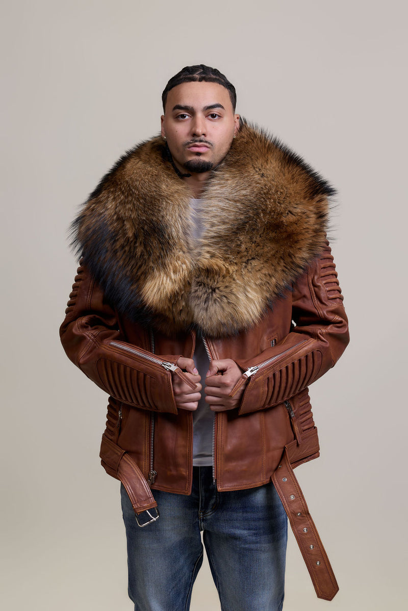 Men's Trey Biker Caramel Crunch Leather Full Raccoon Fur Collar