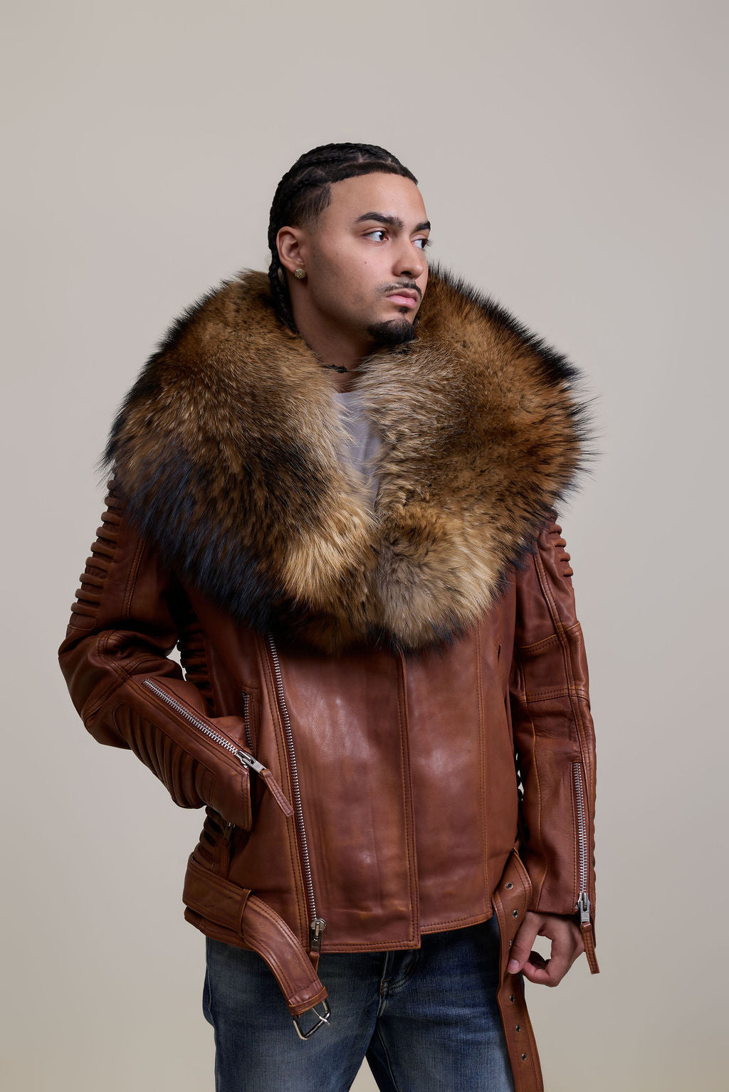 Men's Trey Biker Caramel Crunch Leather Full Raccoon Fur Collar