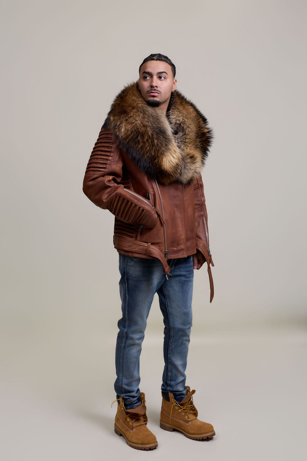 Men's Trey Biker Caramel Crunch Leather Full Raccoon Fur Collar