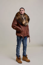Men's Trey Biker Caramel Crunch Leather Full Raccoon Fur Collar