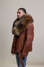 Men's Trey Biker Caramel Crunch Leather Full Raccoon Fur Collar