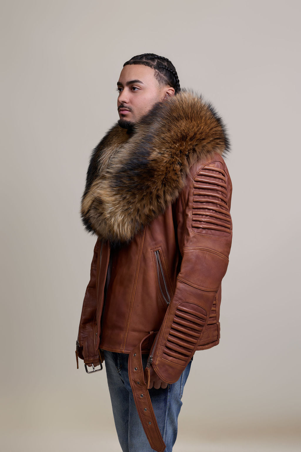 Men's Trey Biker Caramel Crunch Leather Full Raccoon Fur Collar
