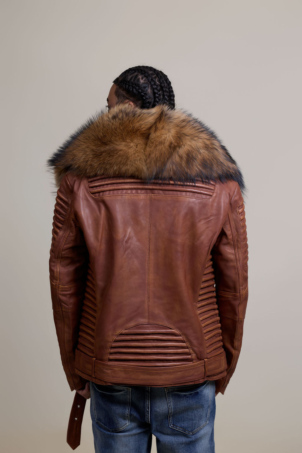 Men's Trey Biker Caramel Crunch Leather Full Raccoon Fur Collar