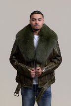 Men's Trey Biker Leather Full Fox Fur Collar [Distressed Green]