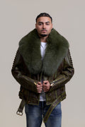 Men's Trey Biker Leather Full Fox Fur Collar [Distressed Green]