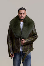 Men's Trey Biker Leather Full Fox Fur Collar [Distressed Green]