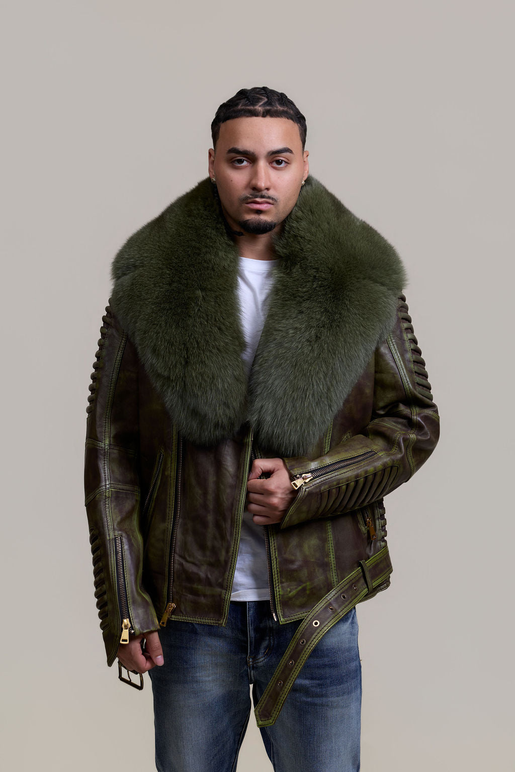 Men's Trey Biker Leather Full Fox Fur Collar [Distressed Green]