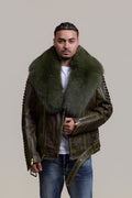 Men's Trey Biker Leather Full Fox Fur Collar [Distressed Green]