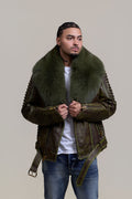 Men's Trey Biker Leather Full Fox Fur Collar [Distressed Green]