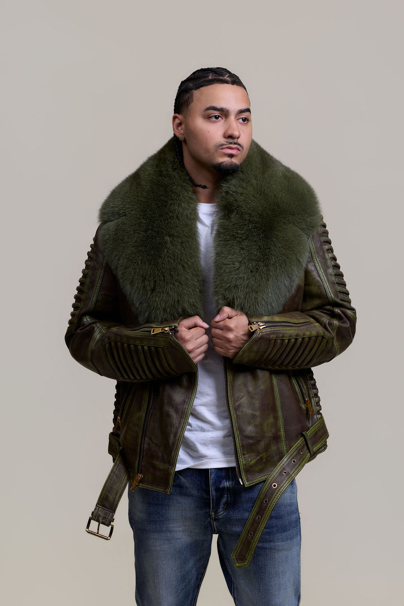 Men's Trey Biker Leather Full Fox Fur Collar [Distressed Green]