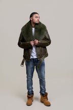 Men's Trey Biker Leather Full Fox Fur Collar [Distressed Green]