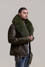 Men's Trey Biker Leather Full Fox Fur Collar [Distressed Green]