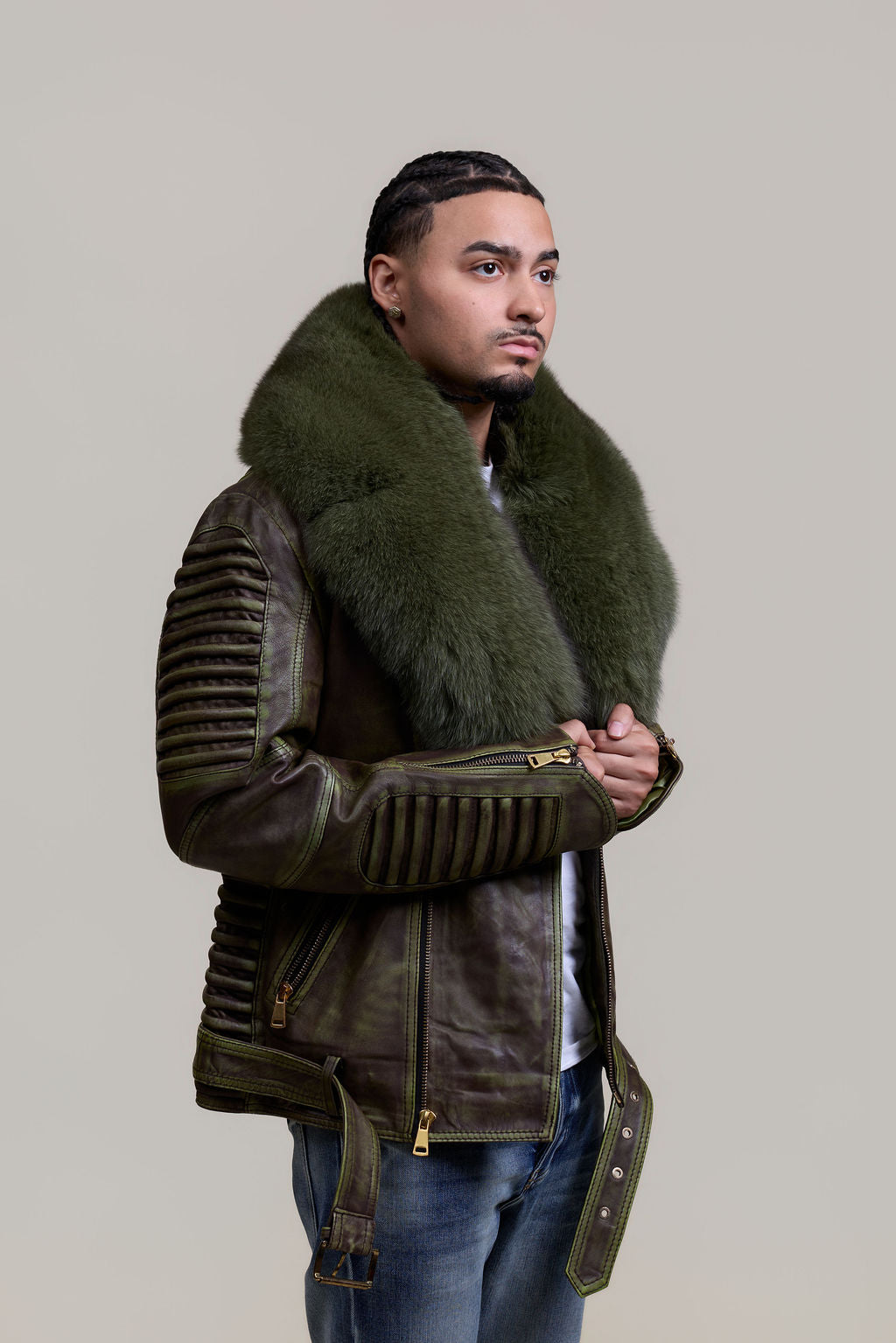 Men's Trey Biker Leather Full Fox Fur Collar [Distressed Green]