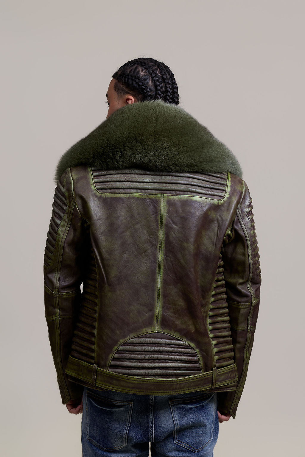 Men's Trey Biker Leather Full Fox Fur Collar [Distressed Green]