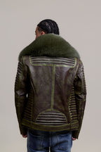 Men's Trey Biker Leather Full Fox Fur Collar [Distressed Green]