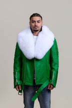 Men's Trey Biker Green Leather Full Fox Fur Collar [Pure White Fox]