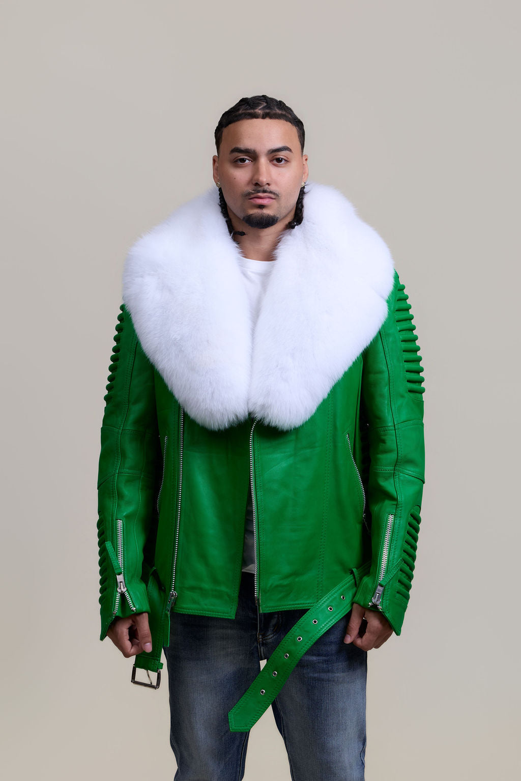 Men's Trey Biker Green Leather Full Fox Fur Collar [Pure White Fox]