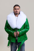 Men's Trey Biker Green Leather Full Fox Fur Collar [Pure White Fox]