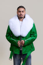 Men's Trey Biker Green Leather Full Fox Fur Collar [Pure White Fox]
