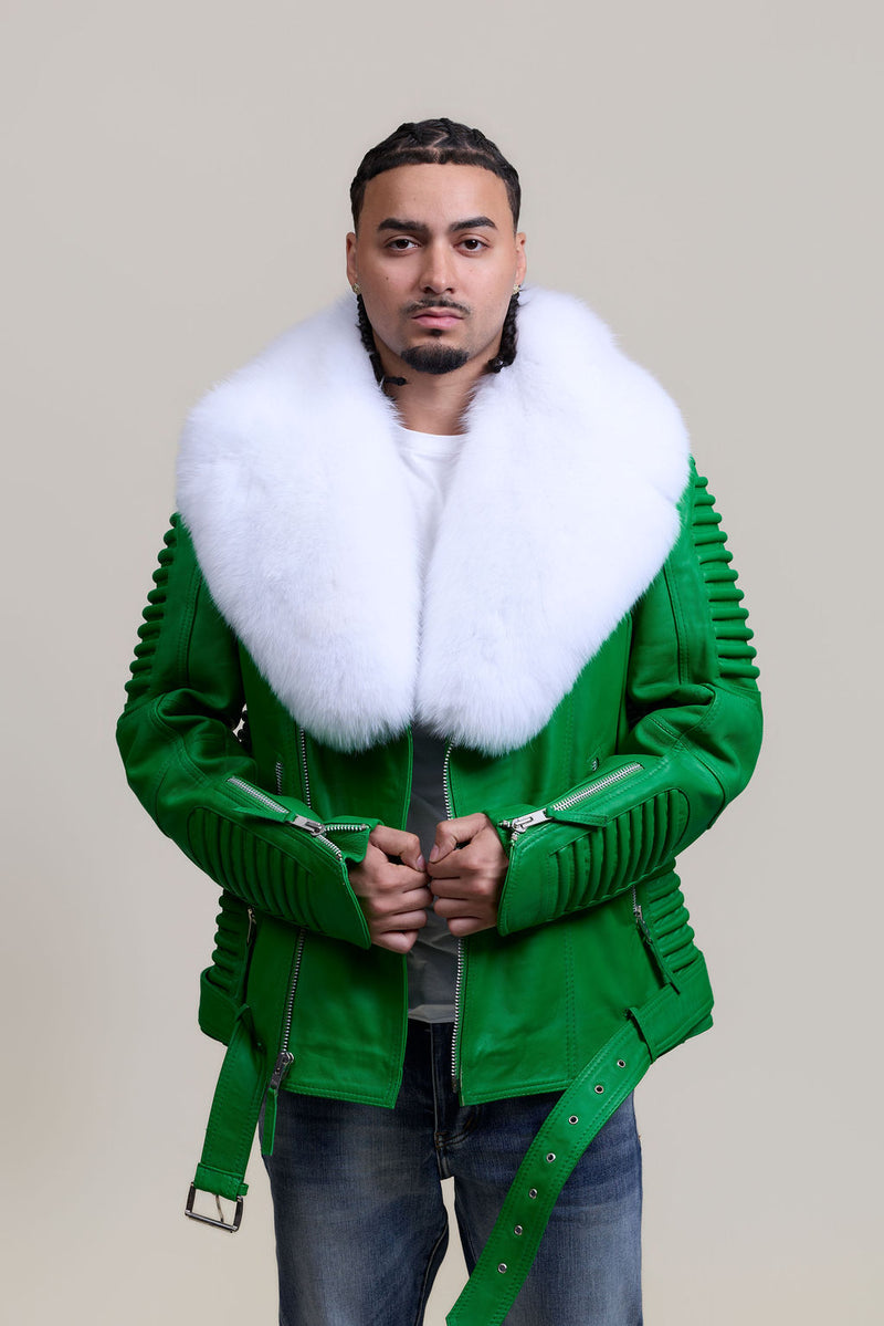 Men's Trey Biker Green Leather Full Fox Fur Collar [Pure White Fox]