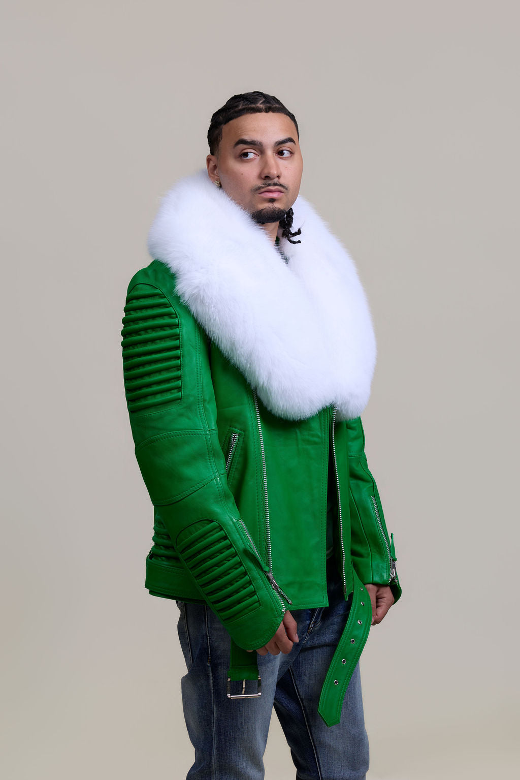 Men's Trey Biker Green Leather Full Fox Fur Collar [Pure White Fox]