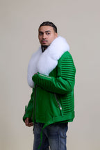 Men's Trey Biker Green Leather Full Fox Fur Collar [Pure White Fox]