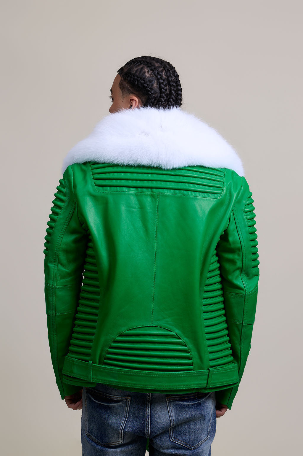 Men's Trey Biker Green Leather Full Fox Fur Collar [Pure White Fox]