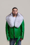 Men's Trey Biker Green Leather Full Fox Fur Collar [Natural White Fox]