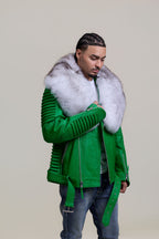 Men's Trey Biker Green Leather Full Fox Fur Collar [Natural White Fox]