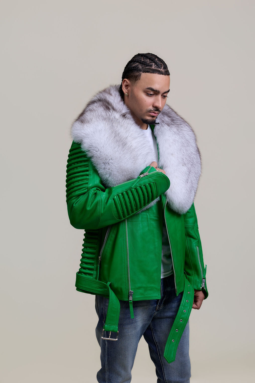 Men's Trey Biker Green Leather Full Fox Fur Collar [Natural White Fox]