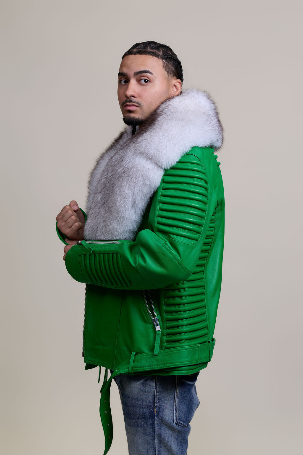 Men's Trey Biker Green Leather Full Fox Fur Collar [Natural White Fox]