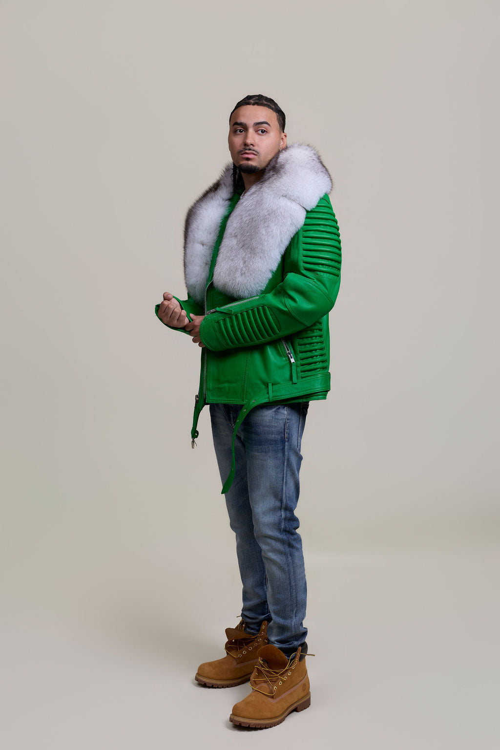 Men's Trey Biker Green Leather Full Fox Fur Collar [Natural White Fox]