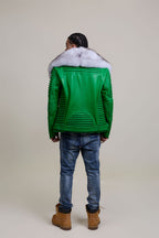Men's Trey Biker Green Leather Full Fox Fur Collar [Natural White Fox]