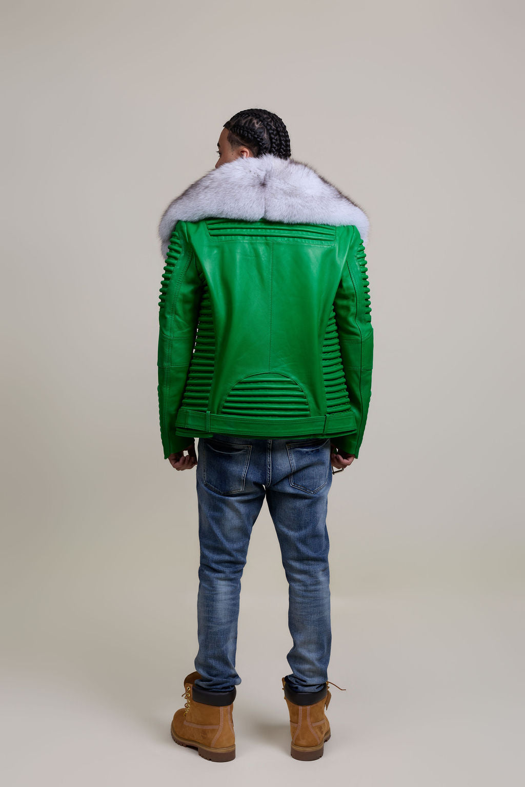 Men's Trey Biker Green Leather Full Fox Fur Collar [Natural White Fox]