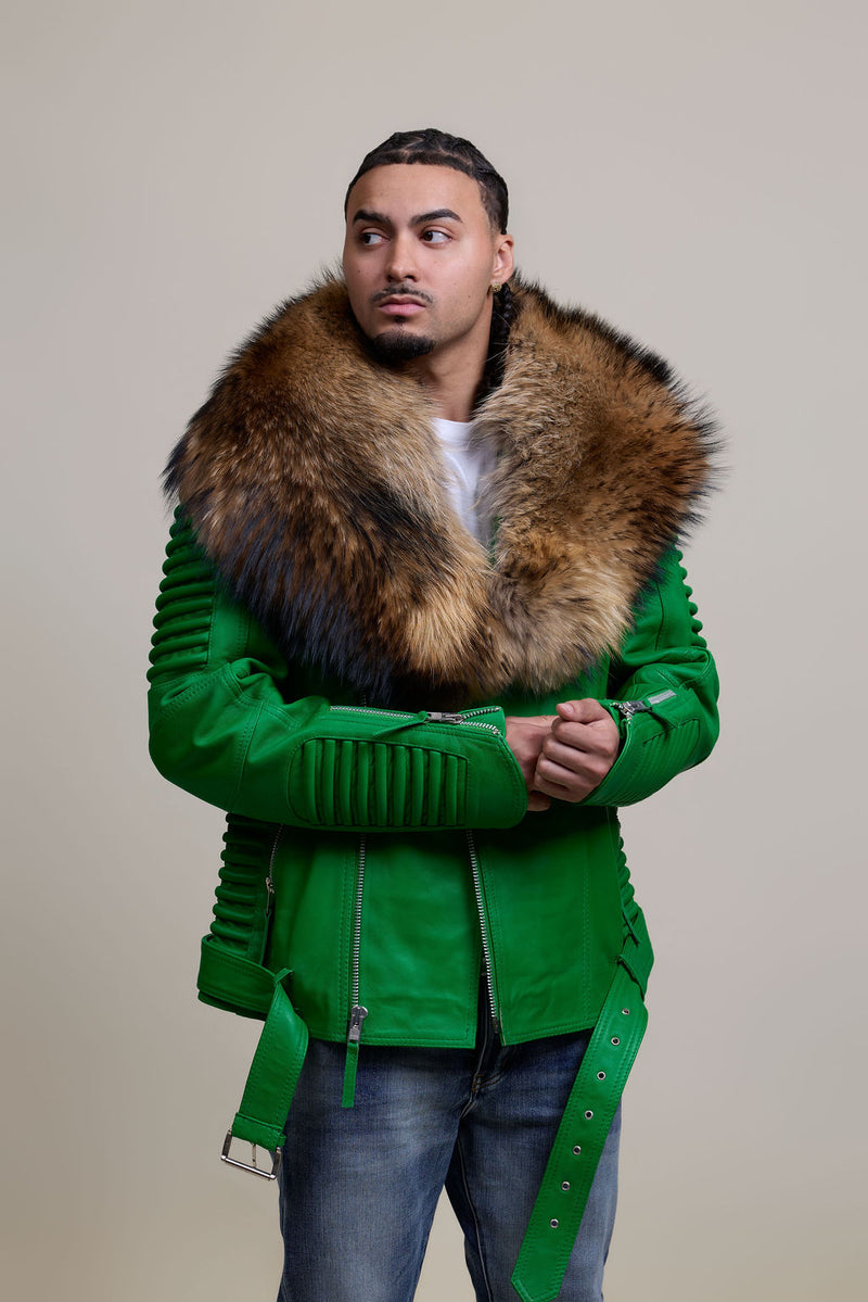 Men's Trey Biker Green Leather Full Raccoon Fur Collar [Raccoon]