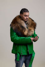 Men's Trey Biker Green Leather Full Raccoon Fur Collar [Raccoon]