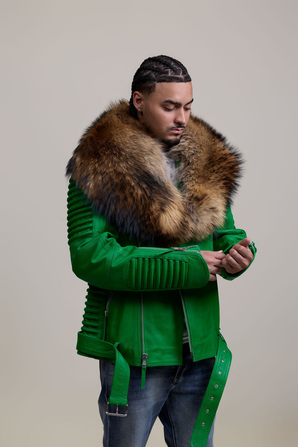 Men's Trey Biker Green Leather Full Raccoon Fur Collar [Raccoon]