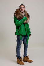 Men's Trey Biker Green Leather Full Raccoon Fur Collar [Raccoon]