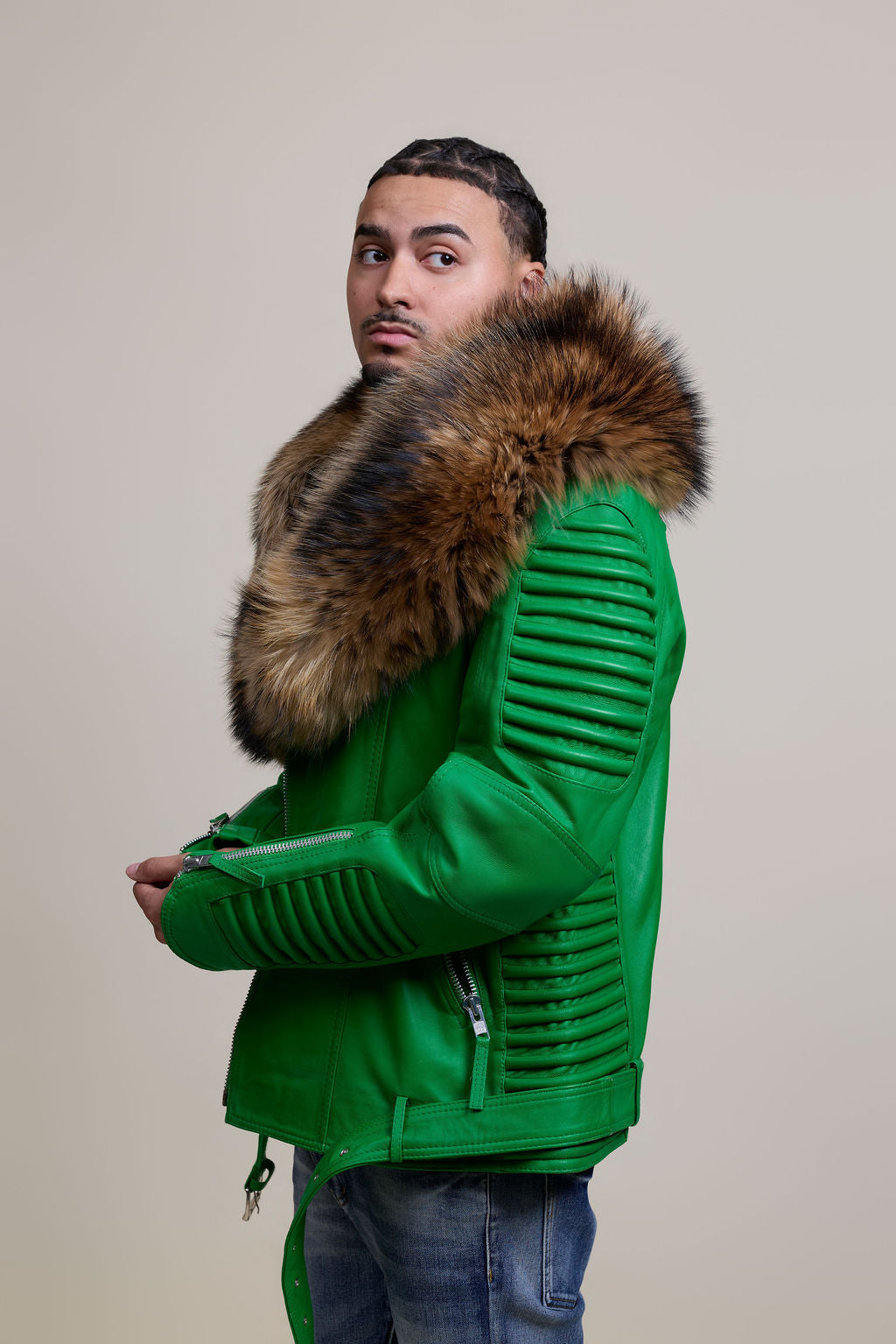 Men's Trey Biker Green Leather Full Raccoon Fur Collar [Raccoon]