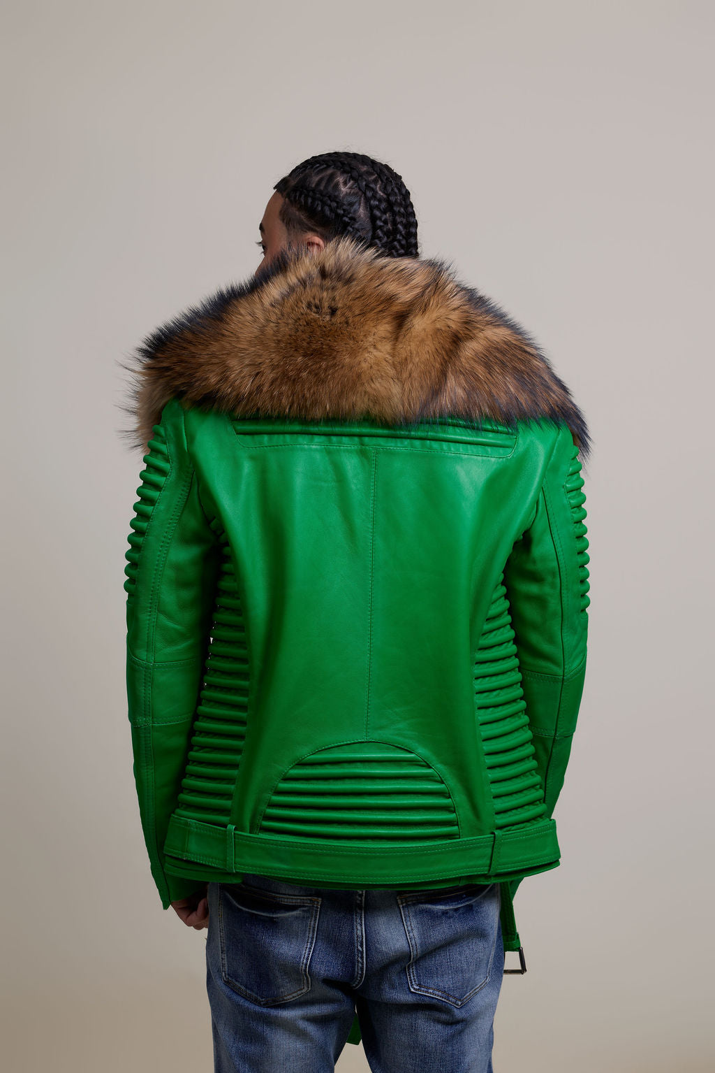 Men's Trey Biker Green Leather Full Raccoon Fur Collar [Raccoon]