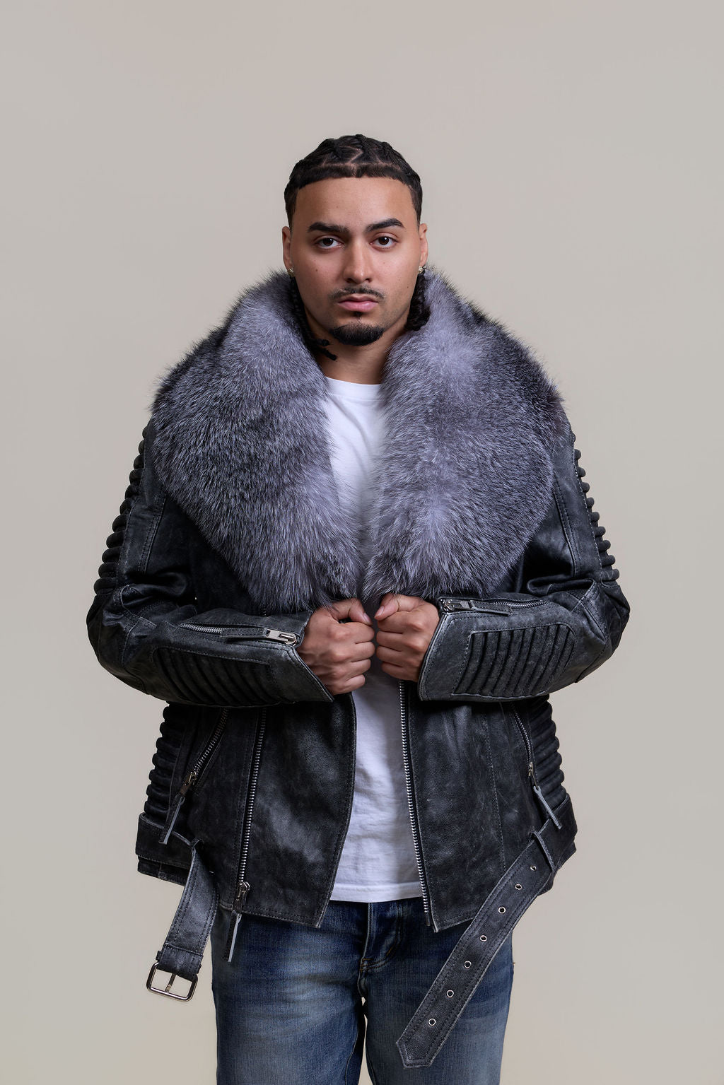Men's Trey Biker Leather Full Fox Fur Collar [Space Gray]