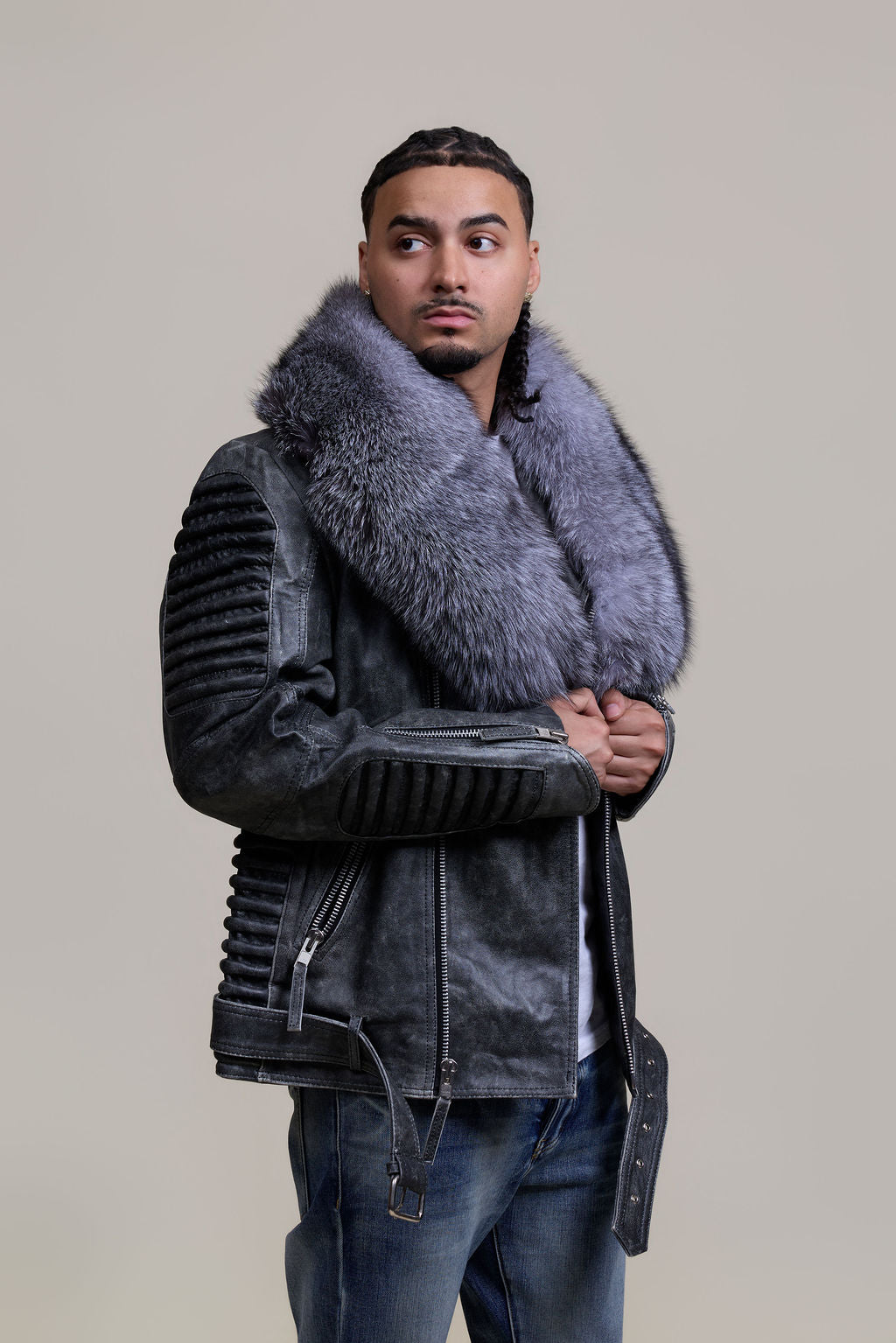 Men's Trey Biker Leather Full Fox Fur Collar [Space Gray]