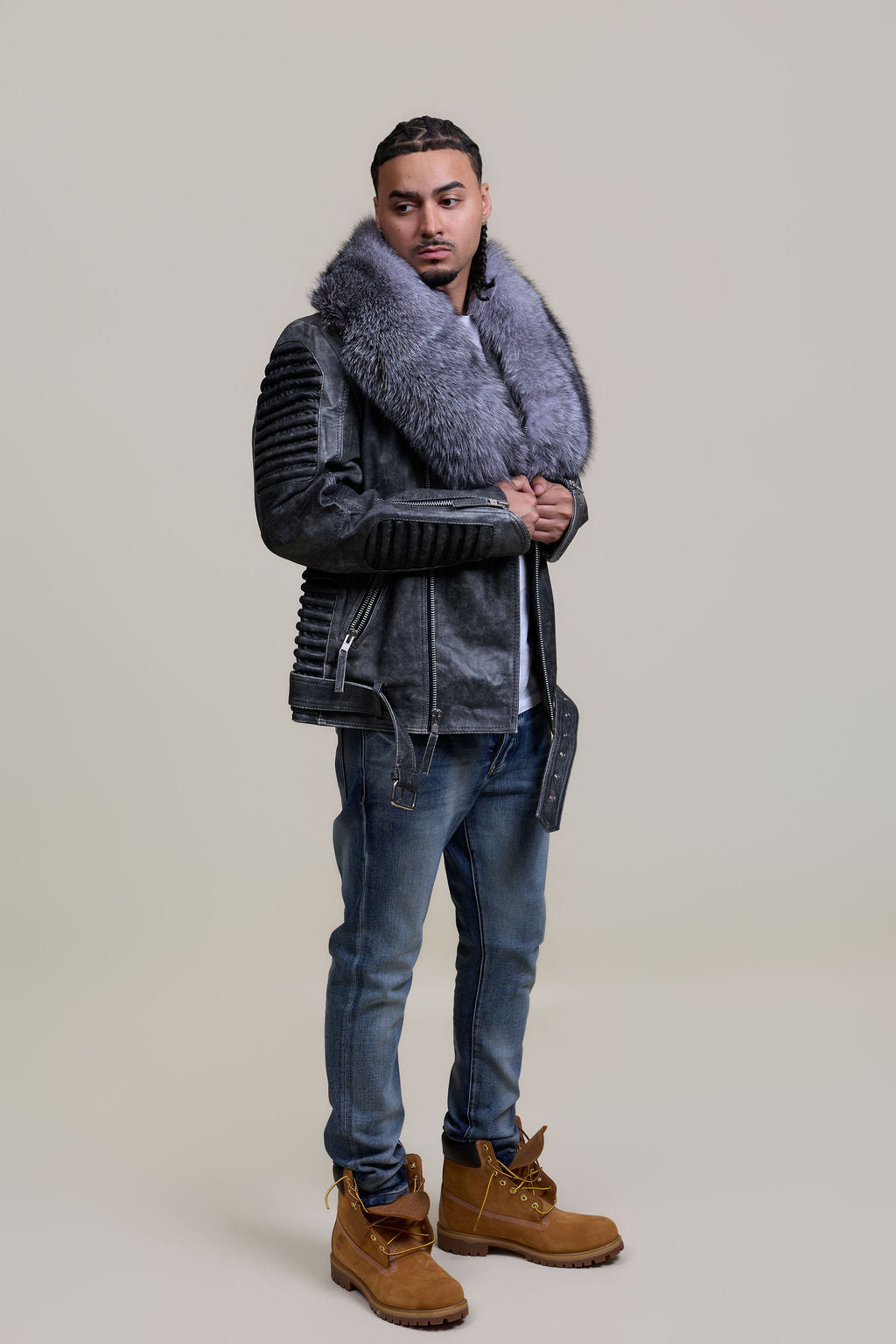 Men's Trey Biker Leather Full Fox Fur Collar [Space Gray]