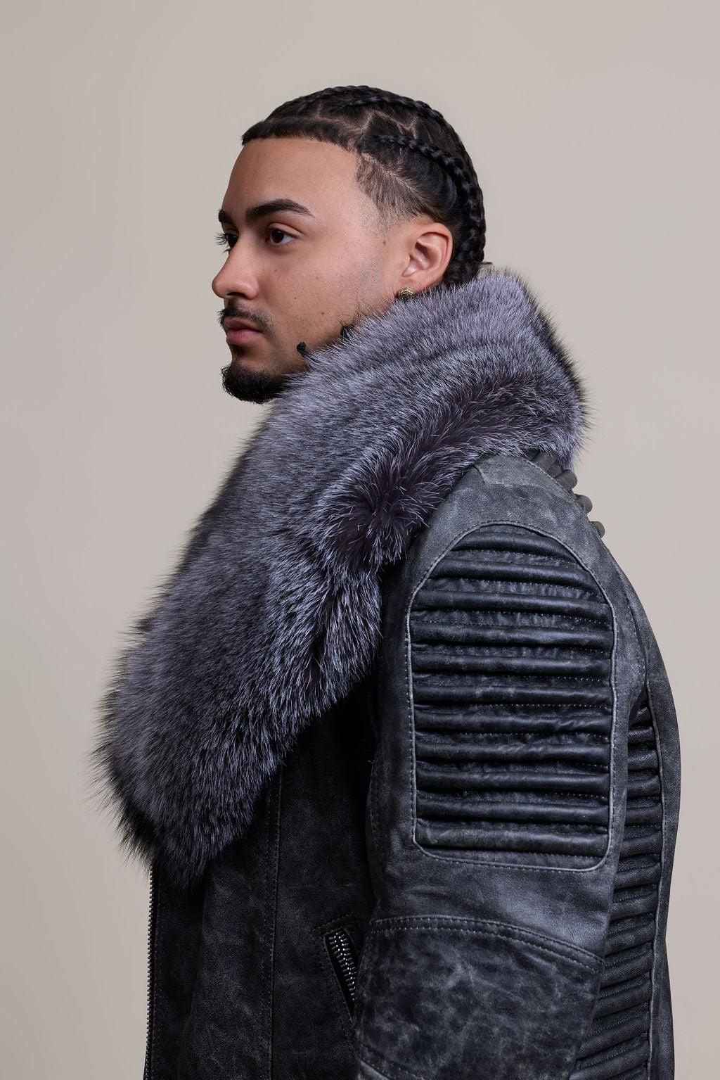 Men's Trey Biker Leather Full Fox Fur Collar [Space Gray]