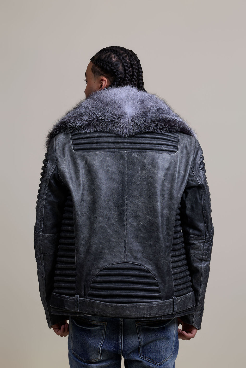 Men's Trey Biker Leather Full Fox Fur Collar [Space Gray]