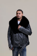 Men's Trey Biker Leather Full Fox Fur Collar [Space Gray]