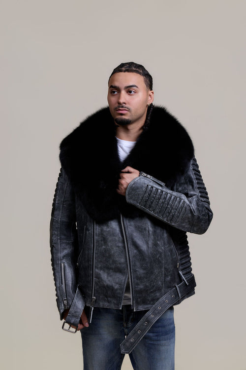Men's Trey Biker Leather Full Fox Fur Collar [Space Gray]