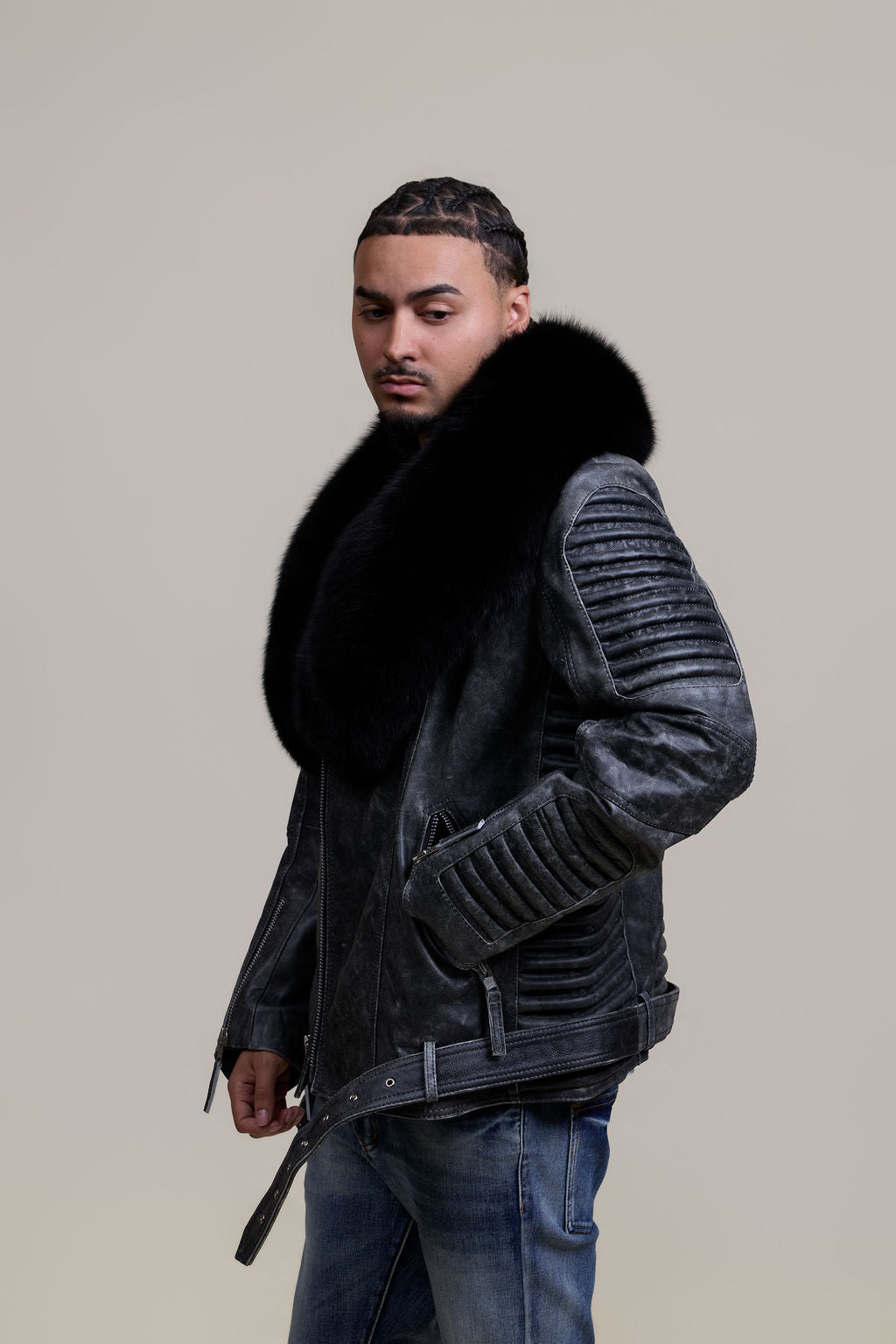 Men's Trey Biker Leather Full Fox Fur Collar [Space Gray]