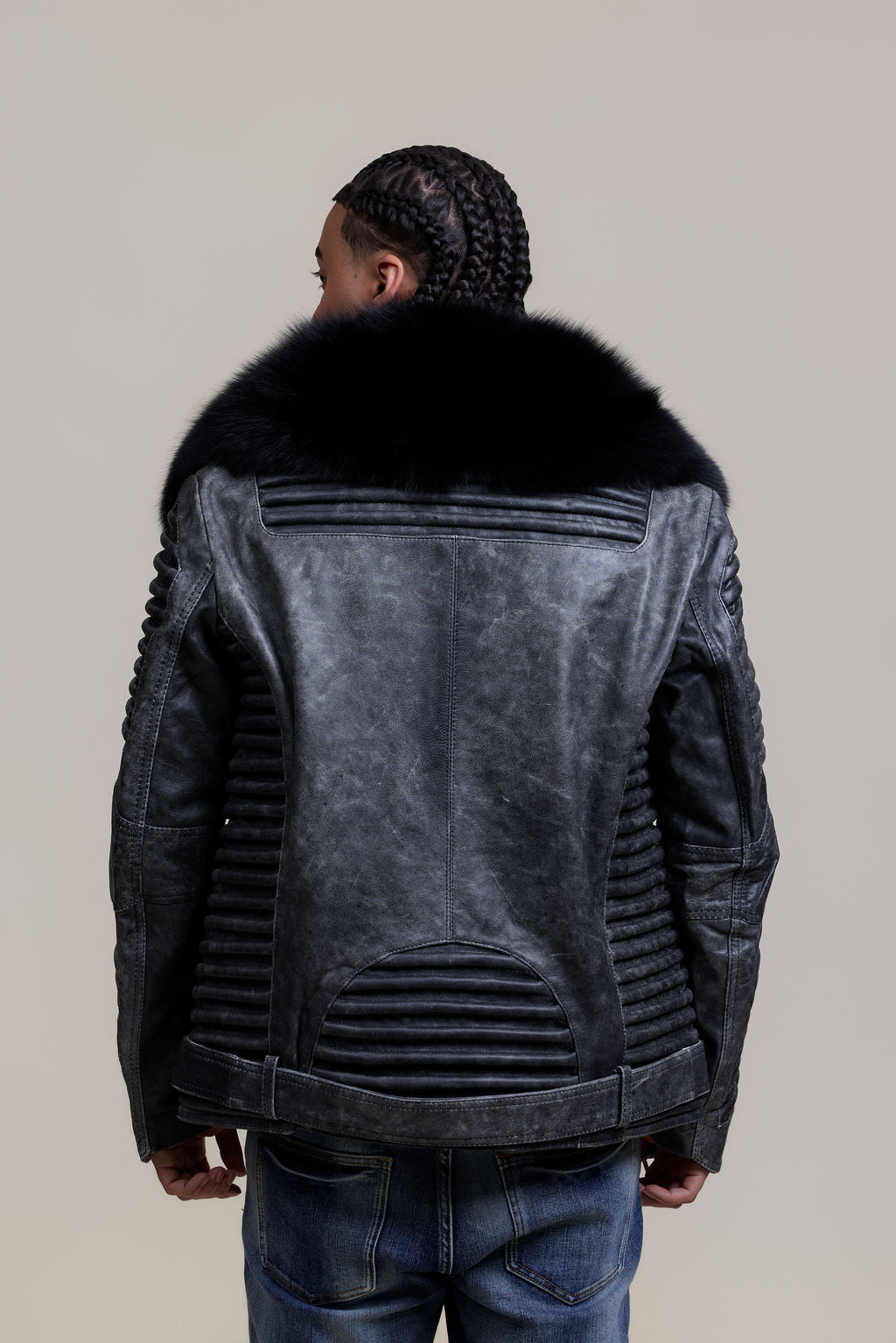 Men's Trey Biker Leather Full Fox Fur Collar [Space Gray]