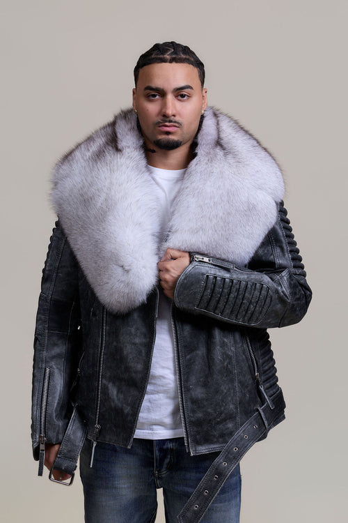 Men's Trey Biker Leather Full Fox Fur Collar [Space Gray]